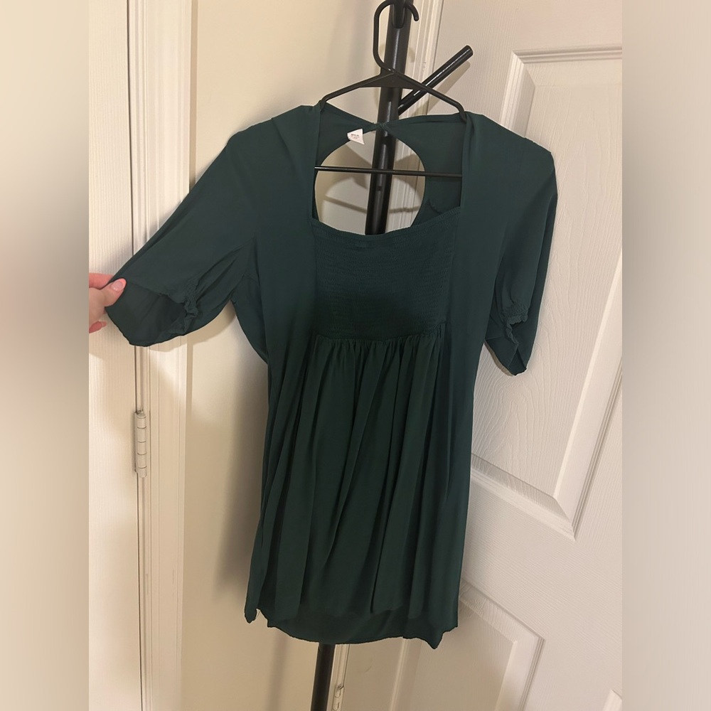 emerald green silk dress (open back)